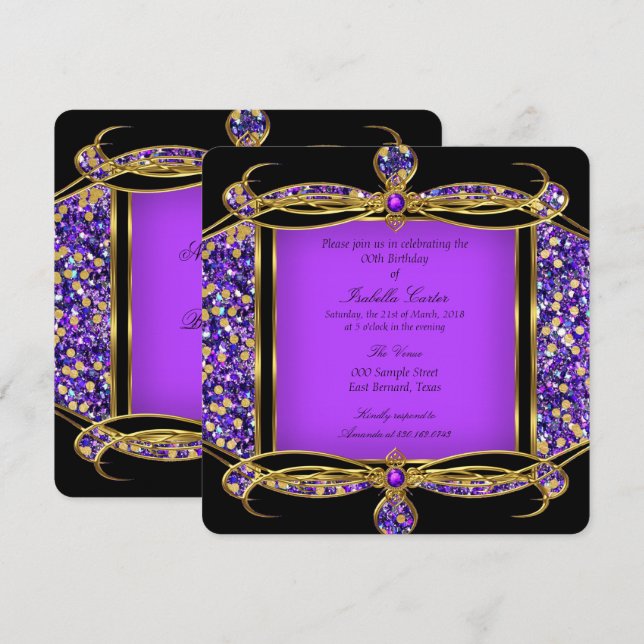 Invitation Fête d'anniversaire Violet Or Noir Paillettes (Devant / Derrière)