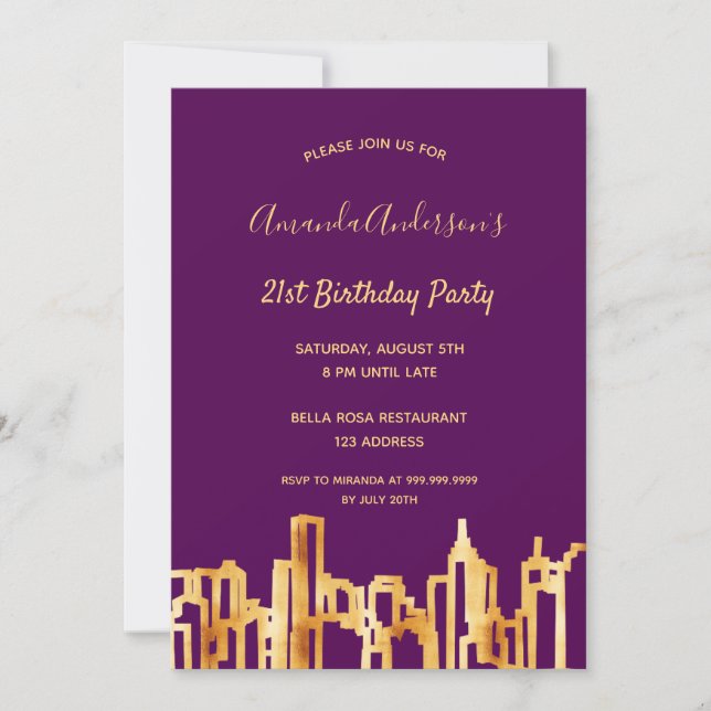 Invitation fête d'anniversaire violet or ville skyline (Devant)
