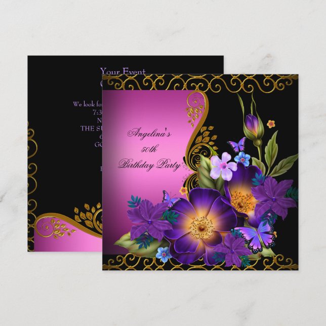 Invitation Fête d'anniversaire Violet Rose Floral Noir Or (Devant / Derrière)