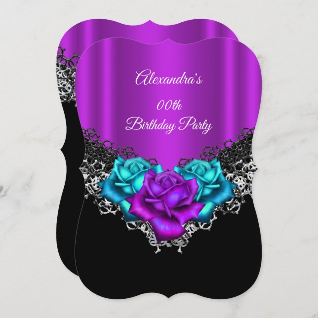 Invitation Fête d'anniversaire violet rose Turquoise Rose den (Devant / Derrière)