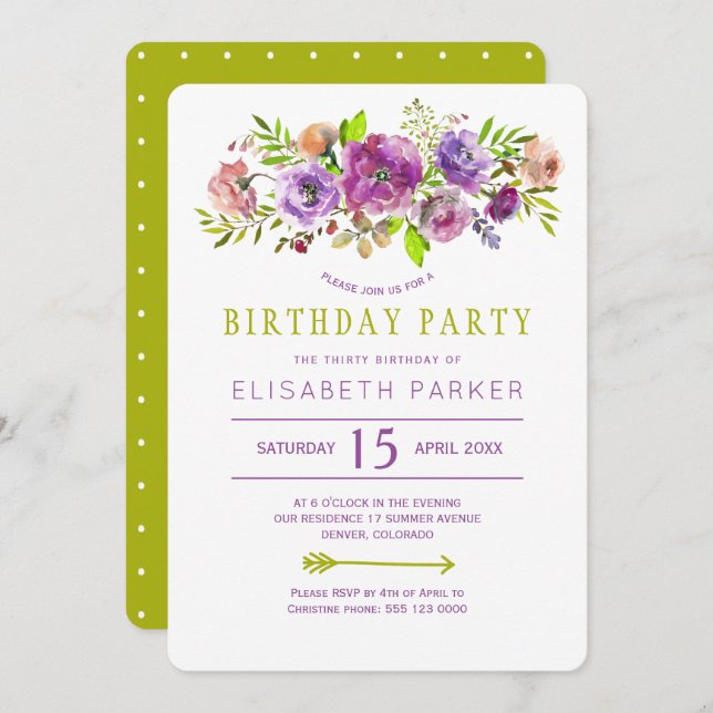 Invitation Fête d'anniversaire violet vert rustique fleurie b (Devant / Derrière)