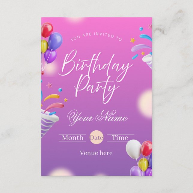 Invitation Fête d'anniversaire Violet Vibrant & Ballons  (Devant)