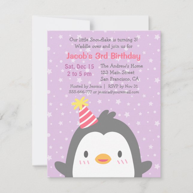 Invitation Fête d'anniversaire violette de manchot mignon de  (Devant)