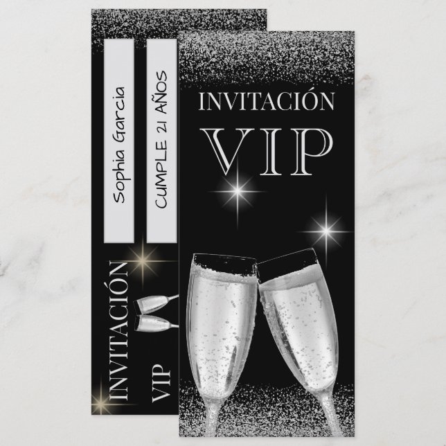 Invitation Fête d'anniversaire VIP Argentée Glitzy Espagnole (Devant / Derrière)