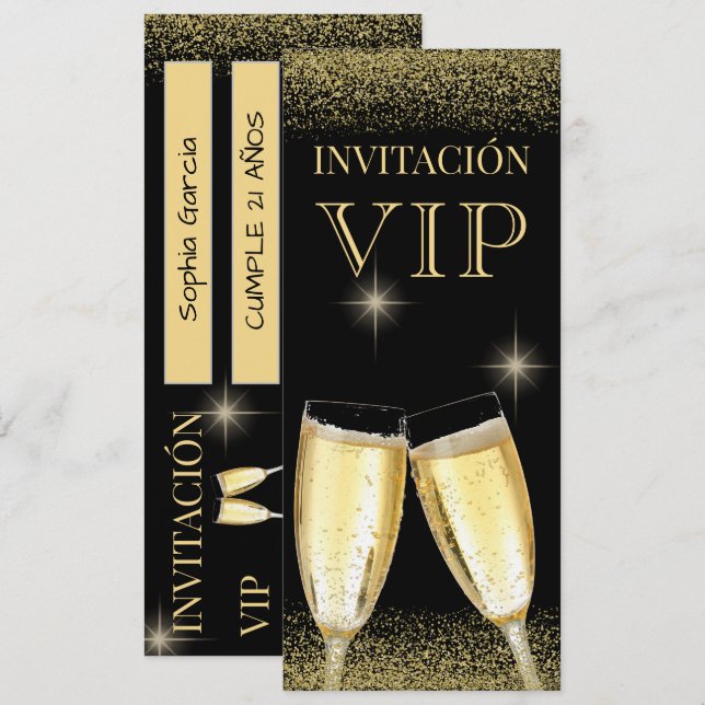Invitation Fête d'anniversaire VIP Glitzy espagnole (Devant / Derrière)