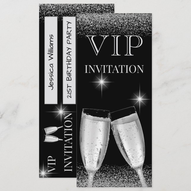Invitation Fête d'anniversaire VIP Glitzy Silver (Devant / Derrière)
