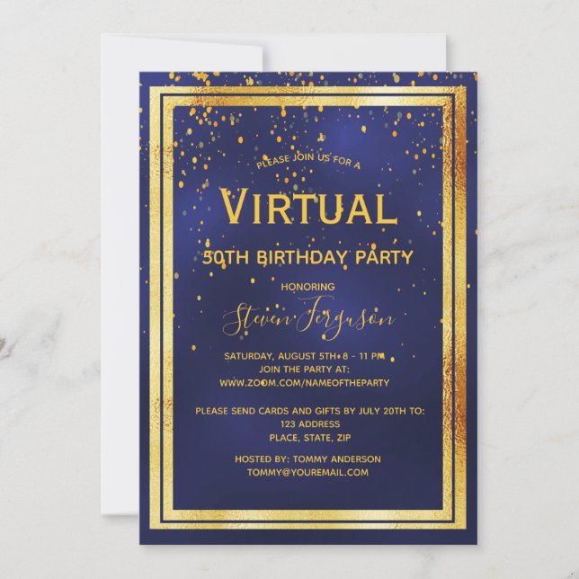 Invitation Fête d'anniversaire virtuelle 50e hommes confettis (Devant)