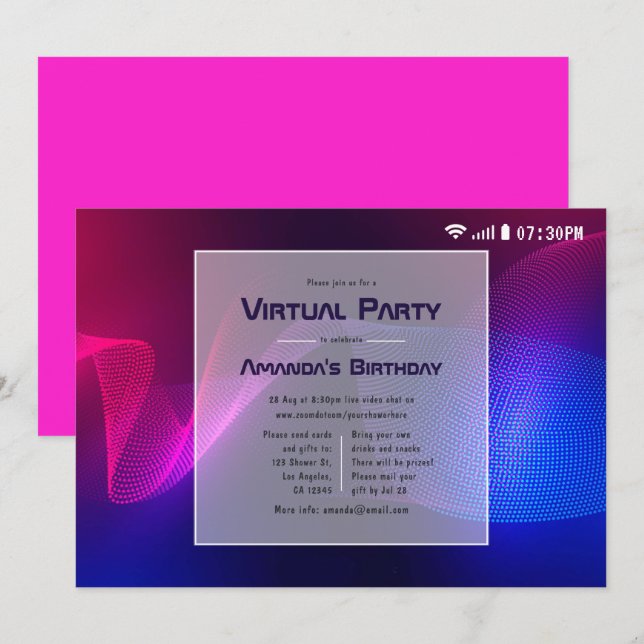 Invitation Fête d'anniversaire virtuelle avec éclairage rose  (Devant / Derrière)