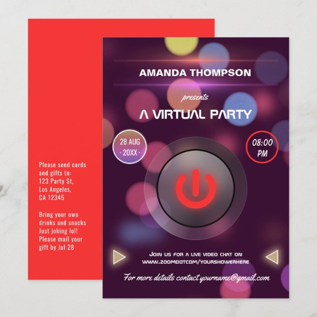 Invitation Fête d'anniversaire virtuelle Bokeh (Devant / Derrière)