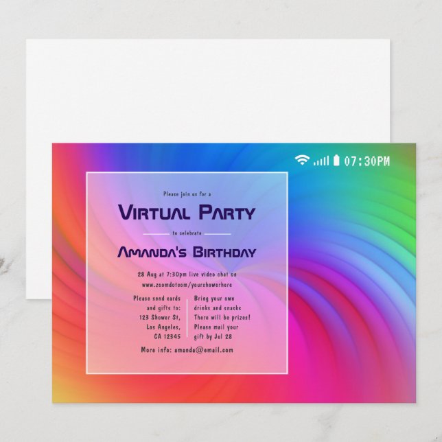 Invitation Fête d'anniversaire virtuelle colorée (Devant / Derrière)
