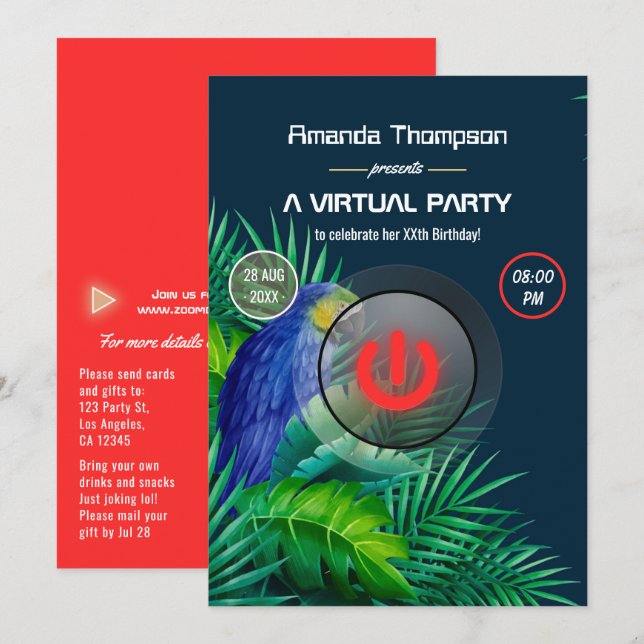 Invitation Fête d'anniversaire virtuelle de perroquet d'été t (Devant / Derrière)