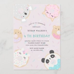 Invitation fête d'anniversaire virtuelle des beignes animaux