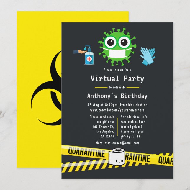 Invitation Fête d'anniversaire virtuelle en quarantaine (Devant / Derrière)