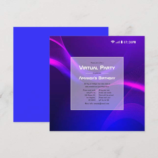 Invitation Fête d'anniversaire virtuelle futuriste (Devant / Derrière)