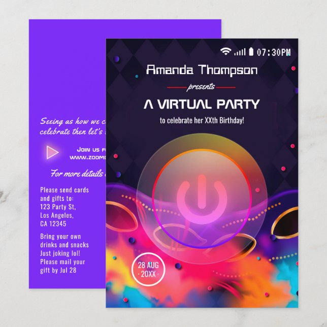 Invitation Fête d'anniversaire virtuelle Glow (Devant / Derrière)