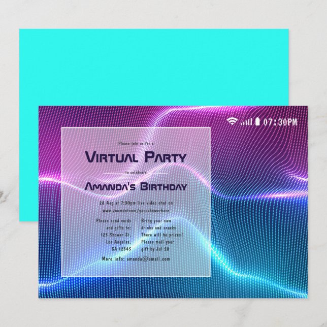 Invitation Fête d'anniversaire virtuelle Glow rose et bleu (Devant / Derrière)
