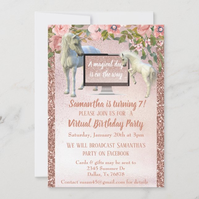 Invitation Fête d'anniversaire virtuelle licorne rose gold (Devant)