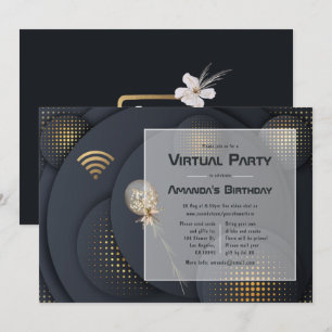 Invitation Fête d'anniversaire virtuelle noire et or géométri