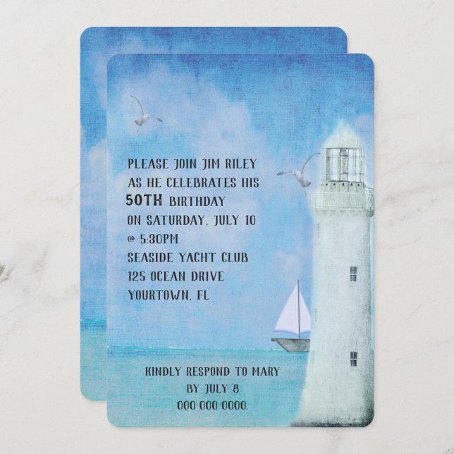 Invitation Fête d'anniversaire - voilier et phare océanique (Devant / Derrière)