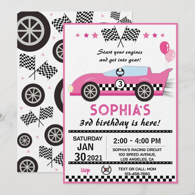 Invitation Fête d'anniversaire voiture de course rose (Devant / Derrière)