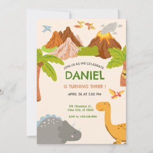 Invitation Fête d'anniversaire Volcan Dinosaure