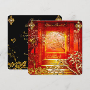 Invitation Fête d'anniversaire Vue asiatique Bamboo Or Rouge