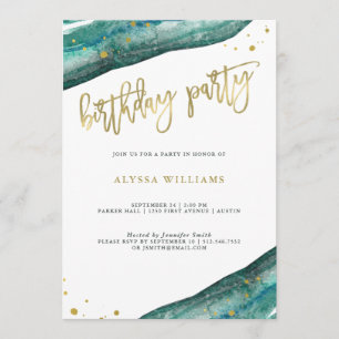 Invitation Fête d'anniversaire Watercolor Turquoise and Gold