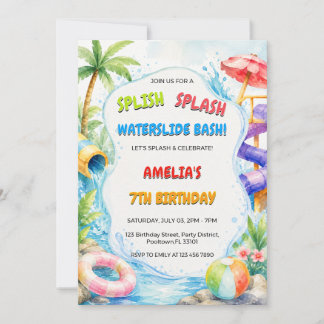 Invitation Fête d'anniversaire Watercolor Water Slide Bash