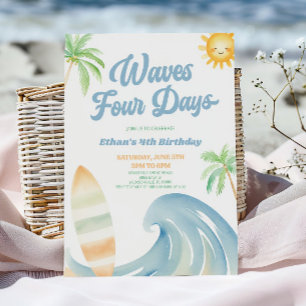 Invitation Fête d'anniversaire Waves Four Days Beach Surf Blu