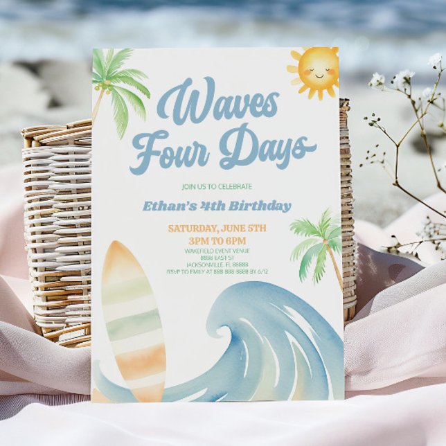 Invitation Fête d'anniversaire Waves Four Days Beach Surf Blu (Créateur téléchargé)