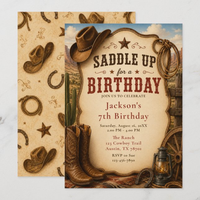 Invitation Fête d'anniversaire western (Devant / Derrière)