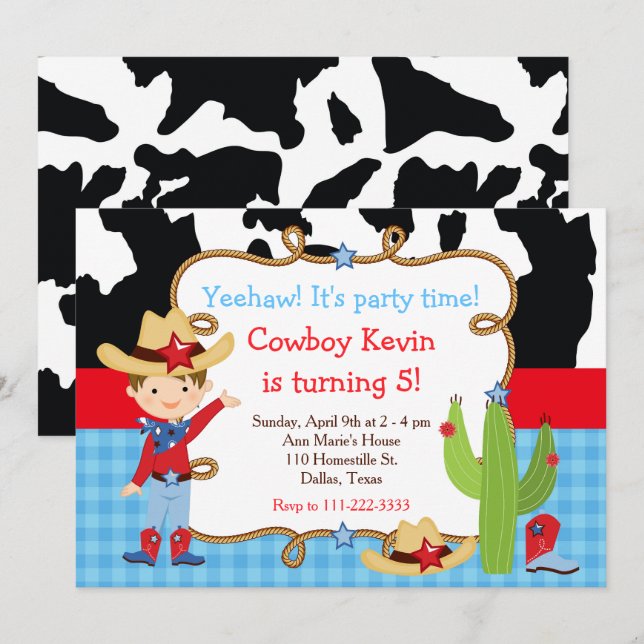 Invitation Fête d'anniversaire western cowboy brunette (Devant / Derrière)