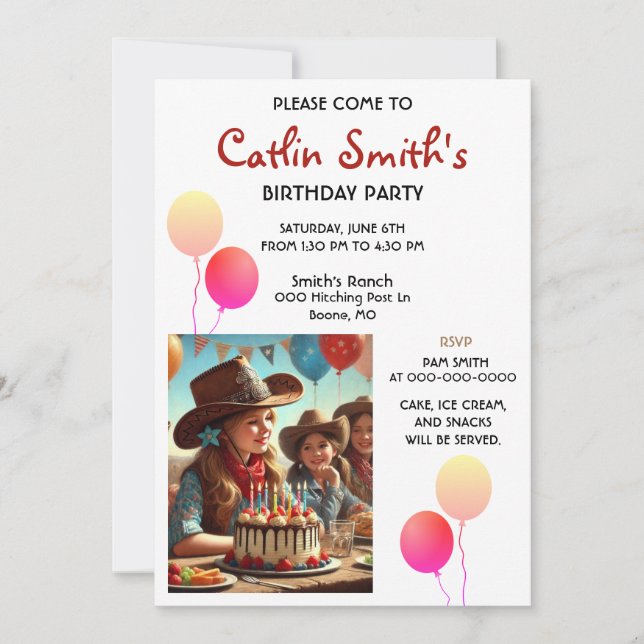 Invitation Fête d'anniversaire Western Cowgirl  (Devant)