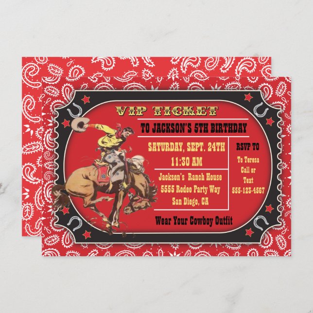 Invitation Fête d'anniversaire western de rodéo de cowboy (Devant / Derrière)
