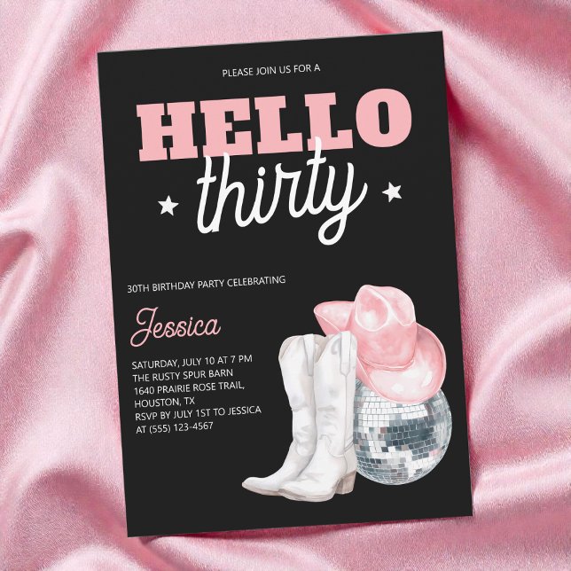 Invitation Fête d'anniversaire Western Disco Black Thirty 30  (Western Disco Black Thirty 30th Birthday Party Invitation)