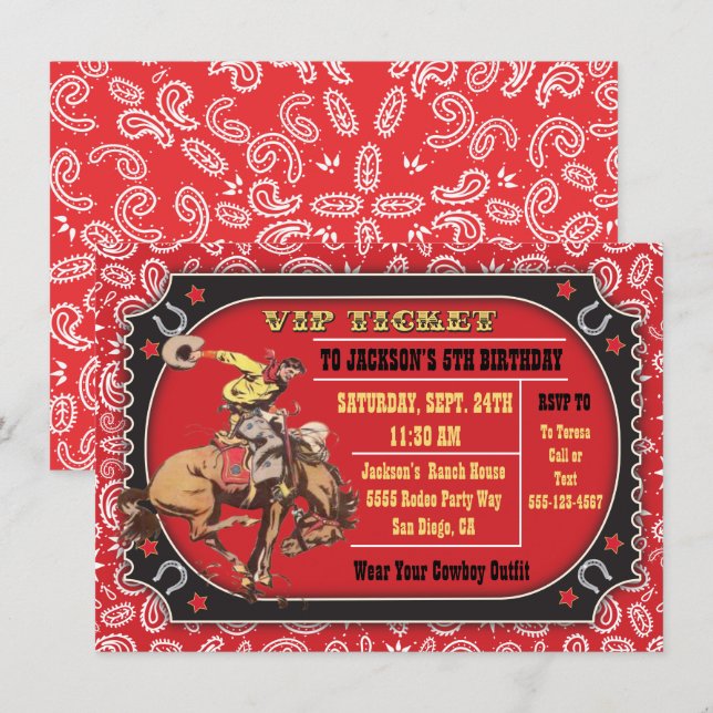 Invitation Fête d'anniversaire Western Rodéo Cowboy (Devant / Derrière)