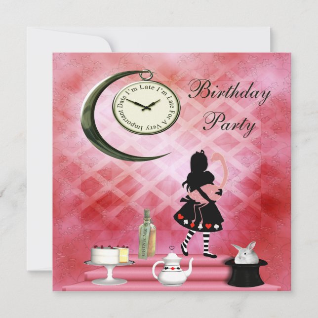 Invitation Fête d'anniversaire Whimsical Alice & Pink Flamant (Devant)
