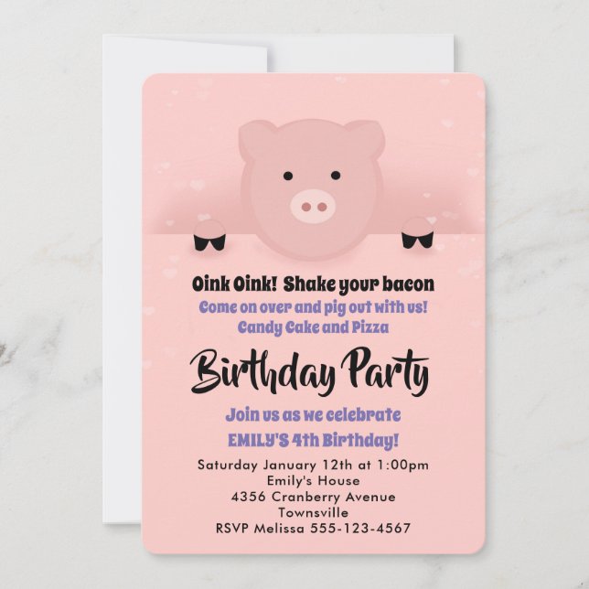 Invitation Fête d'anniversaire Whimssical Pink Pig (Devant)