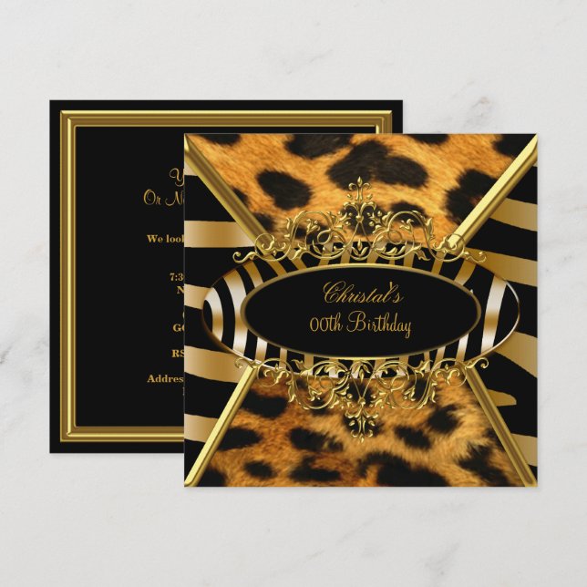 Invitation Fête d'anniversaire Wild Gold Zebra Leopard (Devant / Derrière)