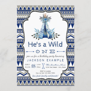 Invitation Fête d'anniversaire Wild One Blue Teepee Premier a