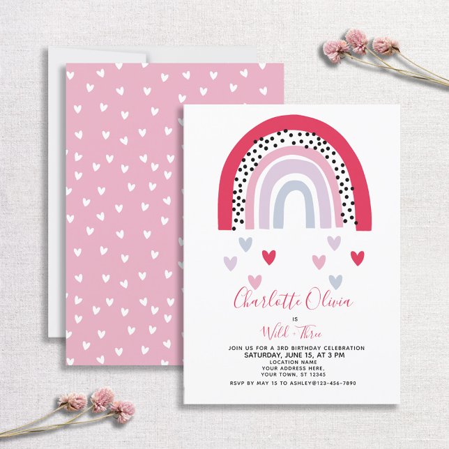 Invitation Fête d'anniversaire Wild & Three Pink Rainbow Girl (Créateur téléchargé)