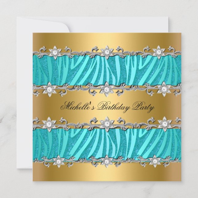 Invitation Fête d'anniversaire Wild Turquoise Zebra Gold Diam (Devant)