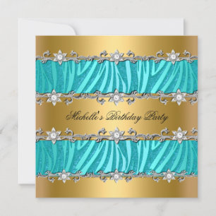 Invitation Fête d'anniversaire Wild Turquoise Zebra Gold Diam