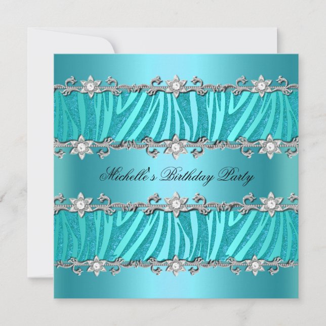 Invitation Fête d'anniversaire Wild Zebra Diamond Turquoise (Devant)