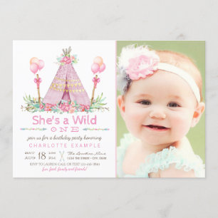 Invitation Fête d'anniversaire Wilthday Party Pink Teepee 1er