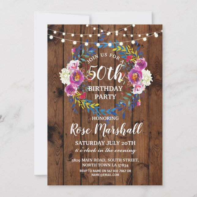 Invitation Fête d'anniversaire Wood rose Floral Wreath Invita (Devant)