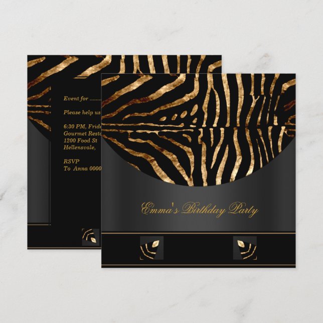 Invitation Fête d'anniversaire Zebra Black Gold Africa Wild 2 (Devant / Derrière)