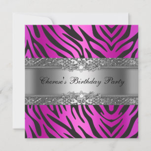 Invitation Fête d'anniversaire Zebra Diamond noir Hot rose