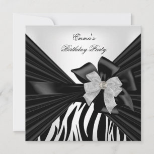 Invitation Fête d'anniversaire Zebra Elégant noir blanc