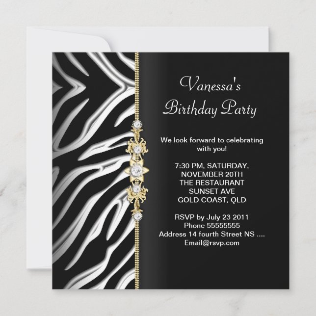 Invitation Fête d'anniversaire Zebra Gold Black White Floral (Devant)